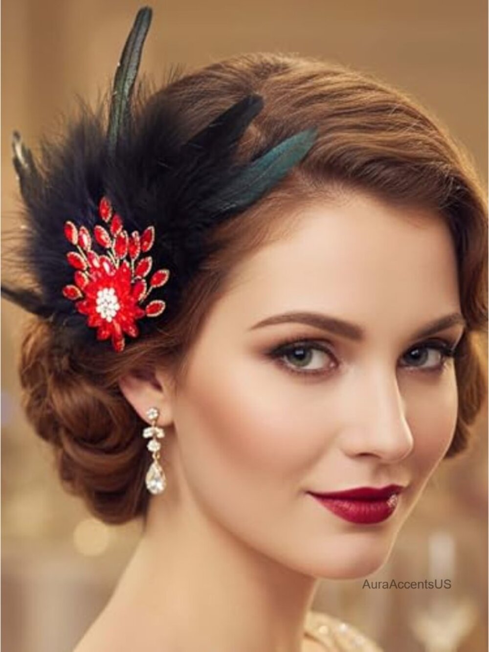 1920s Feather Fascinator Hair Clip with Crystal Flower